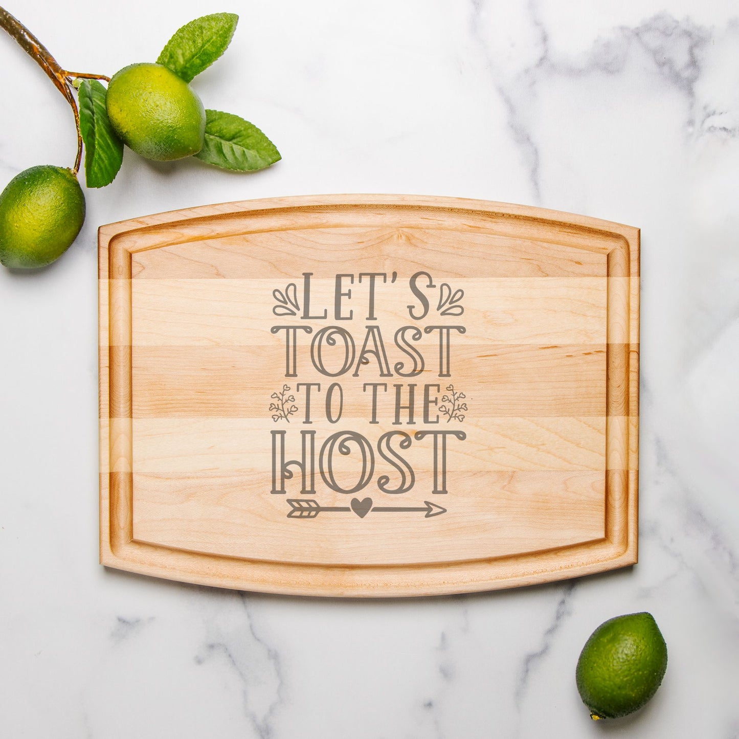 Let's Toast Arched Wood Cutting Board with Groove - 12" x 9"