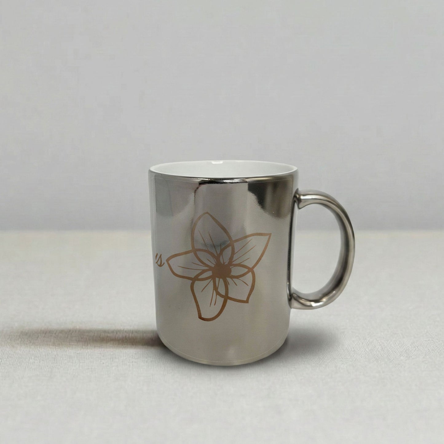 11oz Chrome Mug – Rose Gold Floral Design with “Fabulous”