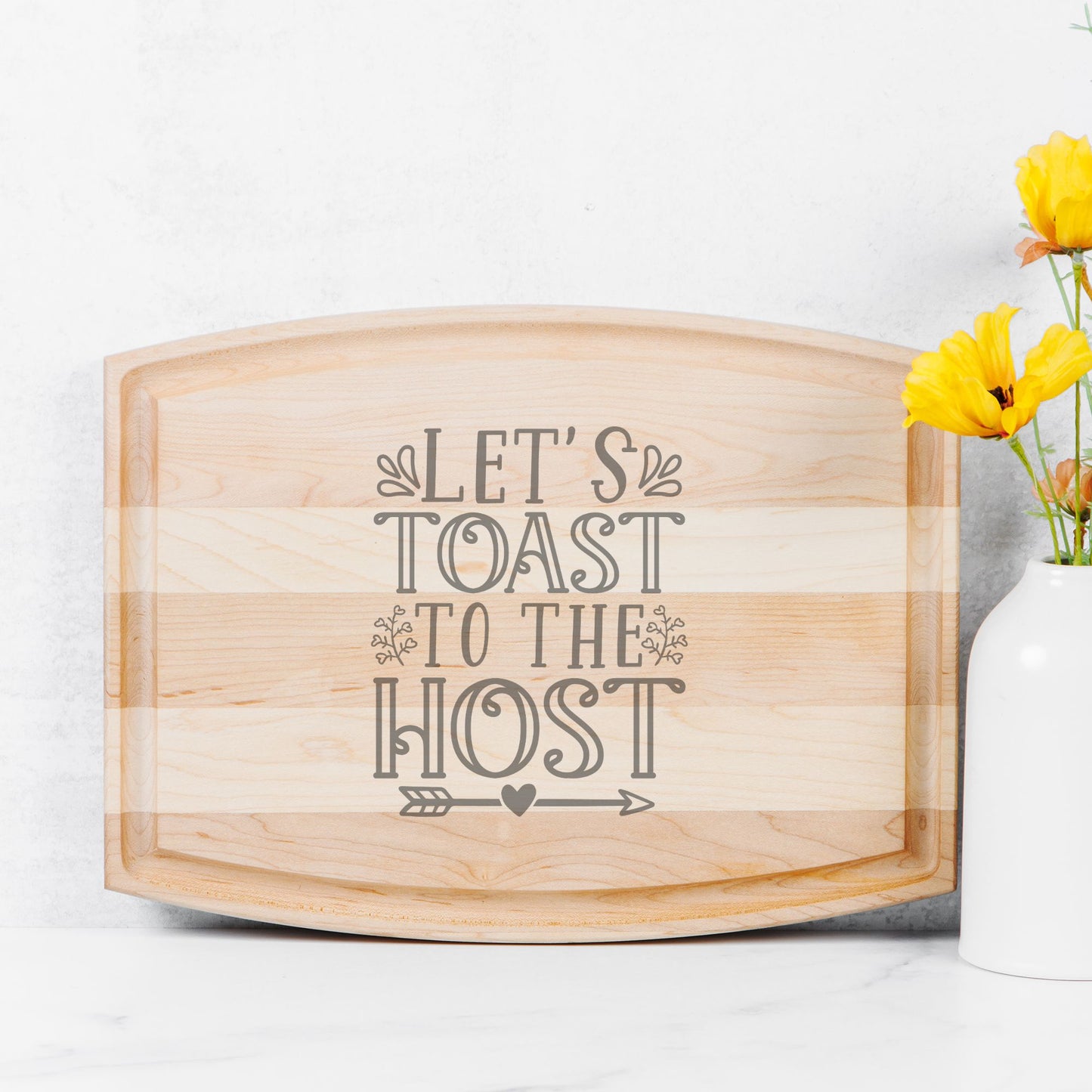Let's Toast Arched Wood Cutting Board with Groove - 12" x 9"